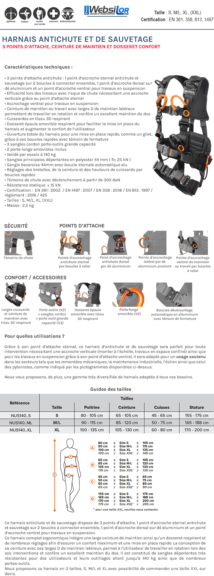 Informations techniques Harnais antichute, de sauvetage - 3 points d’attache, avec ceinture de maintien et dosseret confort